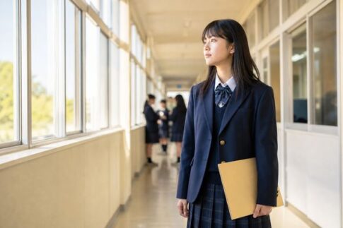 制服の高校生が明るい校舎の廊下で書類を手に、成績の基準を確かめようとしている様子