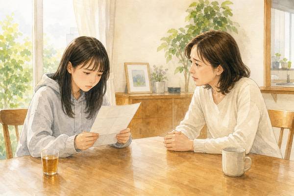 成績表を前にうつむく高校生と、心配そうに見つめる母親