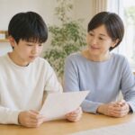 自宅で通知表を見ながら成績2の理由を母親と一緒に確かめている中学生