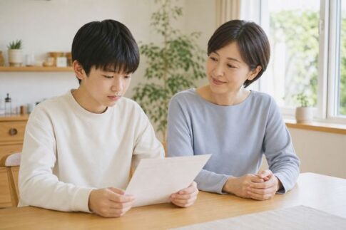 自宅で通知表を見ながら成績2の理由を母親と一緒に確かめている中学生