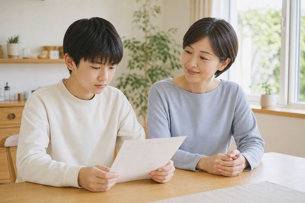 自宅で通知表を見ながら成績2の理由を母親と一緒に確かめている中学生