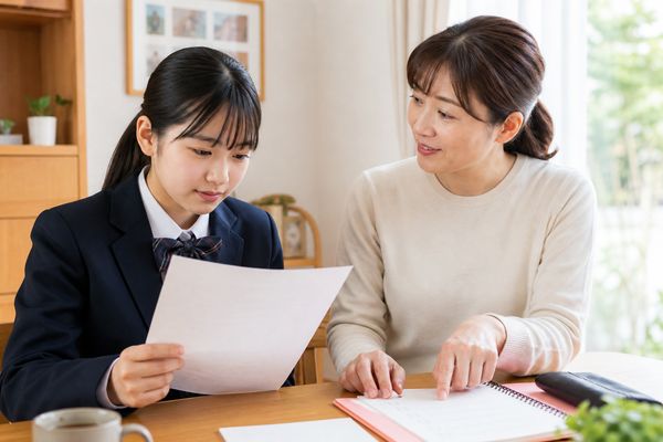 進学校の最初の定期テストの答案を母親と一緒に見返している高校生