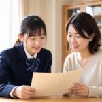 冬の制服姿の中3女子と母親が、明るいダイニングで成績表を一緒に確認している様子