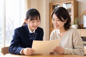 冬の制服姿の中3女子と母親が、明るいダイニングで成績表を一緒に確認している様子