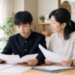 制服姿の中学生と母親が、明るいダイニングで通知表と返却された答案を一緒に見直している様子