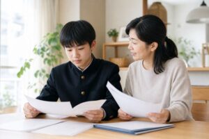制服姿の中学生と母親が、明るいダイニングで通知表と返却された答案を一緒に見直している様子