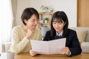 母親と制服姿の中学生の娘が、明るいリビングで通知表を広げて落ち着いて相談している様子