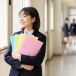 テスト返却後の明るい校舎の廊下で、5教科の答案ファイルを胸に抱えて静かに喜ぶ制服姿の中学生