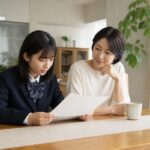 制服姿の中学生と保護者がダイニングテーブルで通知表を一緒に見ている様子
