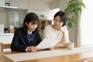 制服姿の中学生と保護者がダイニングテーブルで通知表を一緒に見ている様子