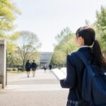 参考書を開いたまま朝の校門へ歩いていく制服姿の女子高校生