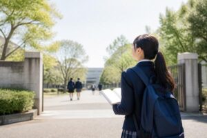 参考書を開いたまま朝の校門へ歩いていく制服姿の女子高校生