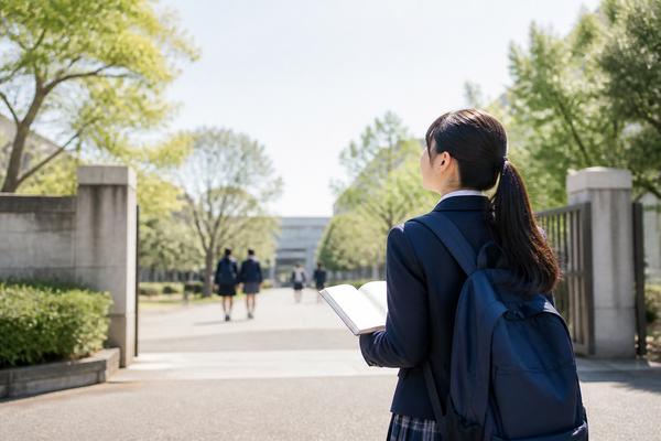 参考書を開いたまま朝の校門へ歩いていく制服姿の女子高校生