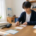 明るい自宅の机で、私服の高校生が色分けした4枚の学習段階カードを矢印でつなぎながら順に並べている様子