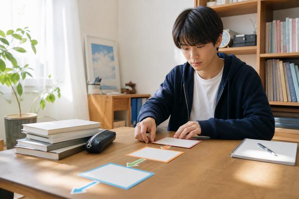 明るい自宅の机で、私服の高校生が色分けした4枚の学習段階カードを矢印でつなぎながら順に並べている様子