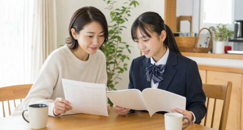 明るいダイニングで、成績表と高校案内を並べて一緒に見ている中学生と保護者
