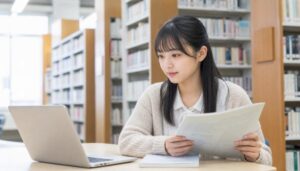 図書館でノートパソコンと問題冊子を見比べて確認する女子高校生