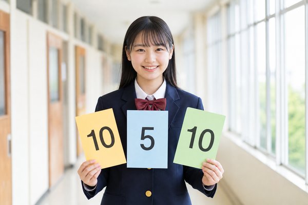 明るい高校の廊下で、制服姿の女子高校生が「10」「5」「10」と書かれた3枚の色分けカードを並べて持ち、正面に向かって笑顔で立っている様子