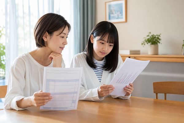 明るいダイニングテーブルで、私服の中学生と母親が学校の成績表と模試の棒グラフ入り結果シートを一枚ずつ手に持ち、並べて見比べている様子