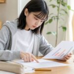 資料のグラフと設問の紙を見比べながら小論文の問題に取り組む高校生