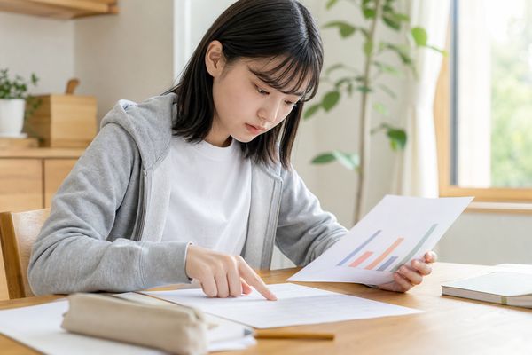 資料のグラフと設問の紙を見比べながら小論文の問題に取り組む高校生