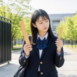 大学の校門前で、目盛りの違う2本の定規を見比べている制服姿の高校生の女子