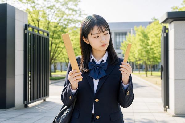 大学の校門前で、目盛りの違う2本の定規を見比べている制服姿の高校生の女子