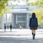 大学のキャンパスへ続く並木道を歩く制服姿の高校生の後ろ姿