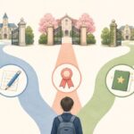 一般選抜・学校推薦型選抜・総合型選抜の3つの道が大学の門へ分かれていく様子を描いたイラスト