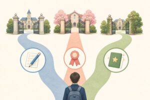 一般選抜・学校推薦型選抜・総合型選抜の3つの道が大学の門へ分かれていく様子を描いたイラスト