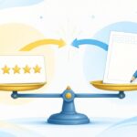 5つ星の評定カードと入試の答案が天秤の左右に乗り、内申点と当日点の両方が合否に関わることを表したイラスト