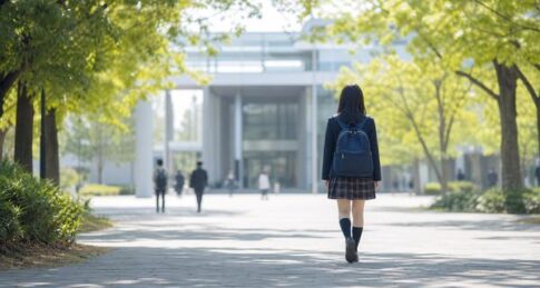 大学のキャンパスへ続く並木道を歩く制服姿の高校生の後ろ姿