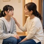 不安そうな高校生の娘と、穏やかに話を聞く母親がリビングで向かい合っている様子