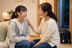 不安そうな高校生の娘と、穏やかに話を聞く母親がリビングで向かい合っている様子
