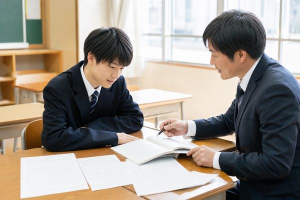放課後の明るい教室で、制服姿の男子高校生が先生と一緒に評価資料を広げて確認している様子