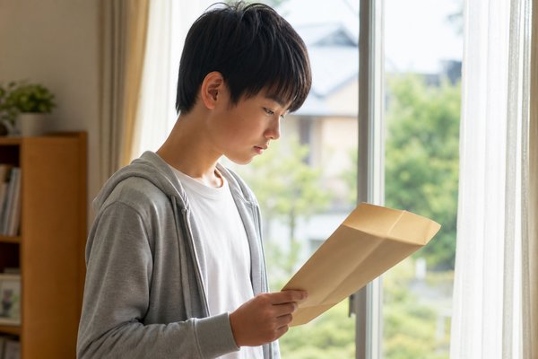 自宅の明るい窓辺で、模試結果の封筒を手に静かに考え込む私服姿の中学生