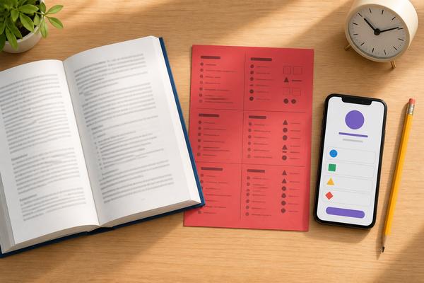 机に並んだ単語帳と赤シート、クイズ画面を表示したスマートフォン