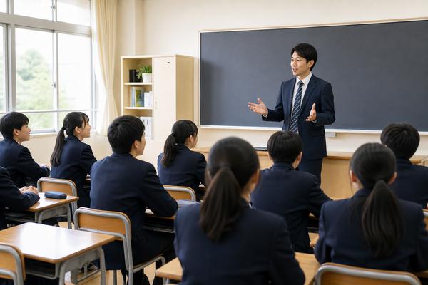 中学校の教室で、教師がクラス全員へ同じ評価の考え方を説明し、制服姿の生徒たちが安心した表情で聞いている様子