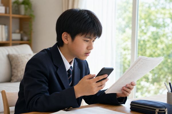 制服の男子中学生がスマートフォンで全国統一中学生テストの過去問を探して困っている様子