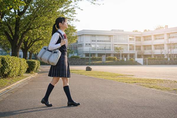 通学路から校舎へ向かって前を向いて歩く制服姿の中学生の横顔