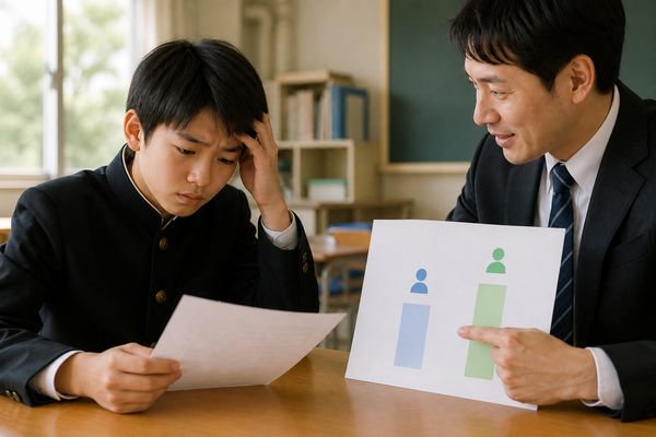 放課後の明るい教室で、返却された答案を見て表情を曇らせる制服姿の男子中学生に、先生が2本の棒グラフを示しながら比較の基準を説明している場面