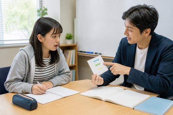 塾の面談テーブルで、講師が着眼点を示した1枚のカードを指さし、私服の高校生が気づいた表情で聞いている場面
