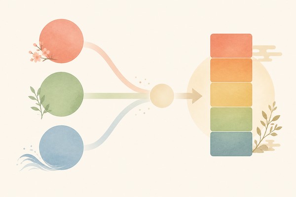 3つの色で表した観点が1本にまとまり5段階の評定になる流れの図解