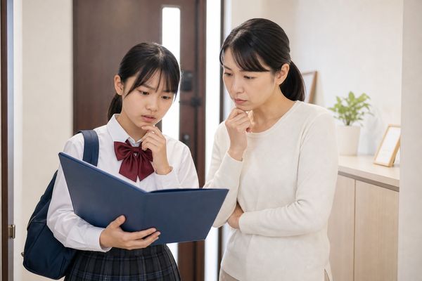 制服姿の女子中学生が玄関で母親と成績表のファイルを開いて確かめる場面