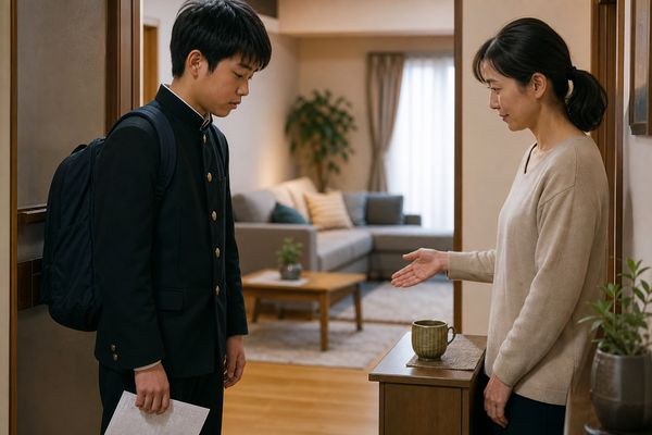 帰宅した制服の男子中学生を、母親が叱らずにお茶を勧めて迎える玄関の様子