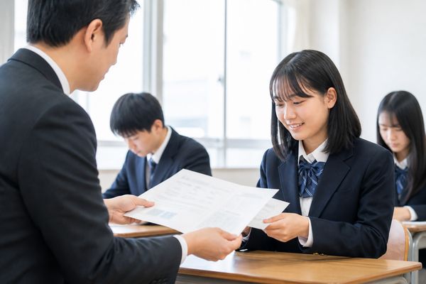 教室で先生から模試の問題冊子を受け取る制服の高校1年生の様子