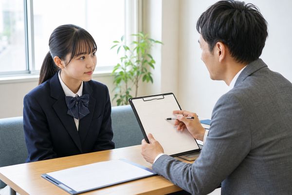 制服の高校生が学校で先生と向かい合い、自校の成績評価の資料を確認している様子