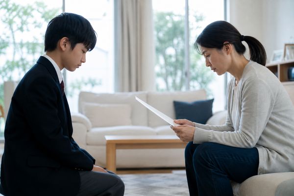 制服姿の中学生が成績表を渡し、母親がその紙面だけをじっと見つめている明るい居間の様子