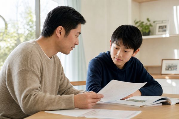 自宅のテーブルで、返却された実力テストの答案を中学生と父親が一緒に見ながら話している様子