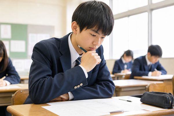 進学校の教室で、返却前の答案を前に難しい問題と向き合い考え込んでいる制服姿の高校生